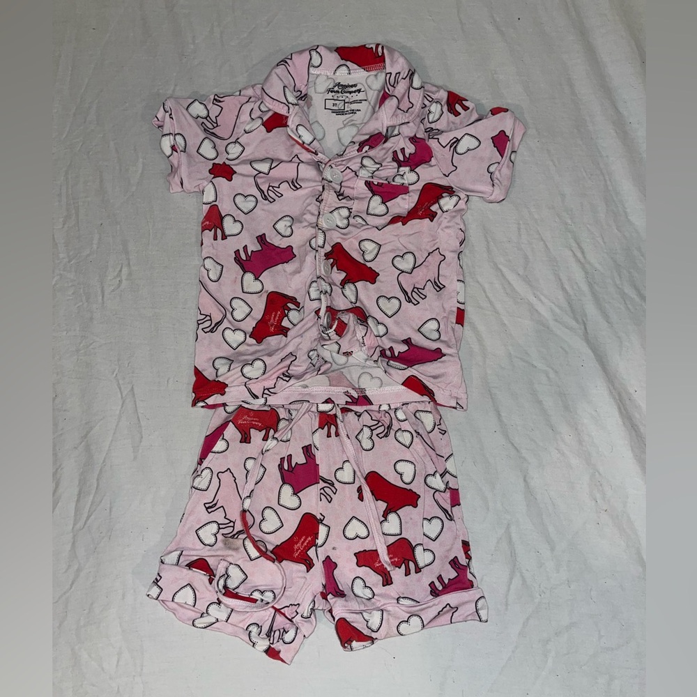 American Farm Company Bamboo Toddler Pajamas Size 3T Pink Hearts Cows